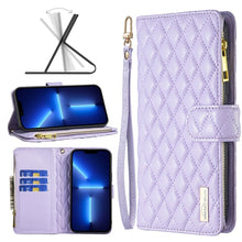 Load image into Gallery viewer, Diamond Lattice Zipper Wallet Leather Flip Phone Case, For iPhone 14, For iPhone 14 Plus, For iPhone 14 Pro, For iPhone 14 Pro Max, For iPhone 13 mini, For iPhone 13, For iPhone 13 Pro, For iPhone 13 Pro Max