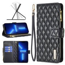 Load image into Gallery viewer, Diamond Lattice Zipper Wallet Leather Flip Phone Case, For iPhone 14, For iPhone 14 Plus, For iPhone 14 Pro, For iPhone 14 Pro Max, For iPhone 13 mini, For iPhone 13, For iPhone 13 Pro, For iPhone 13 Pro Max
