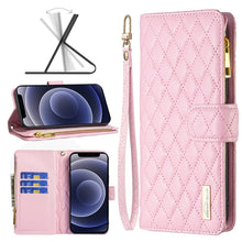 Load image into Gallery viewer, Diamond Lattice Zipper Wallet Leather Flip Phone Case, For iPhone 12 mini, For iPhone 12 / 12 Pro, For iPhone 12 Pro Max, For iPhone 11, For iPhone 11 Pro, For iPhone X / XS, For iPhone XR, For iPhone XS Max