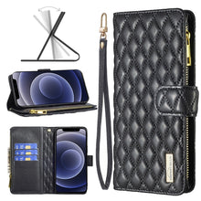 Load image into Gallery viewer, Diamond Lattice Zipper Wallet Leather Flip Phone Case, For iPhone 12 mini, For iPhone 12 / 12 Pro, For iPhone 12 Pro Max, For iPhone 11, For iPhone 11 Pro, For iPhone X / XS, For iPhone XR, For iPhone XS Max