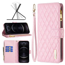 Load image into Gallery viewer, Diamond Lattice Zipper Wallet Leather Flip Phone Case, For iPhone 12 mini, For iPhone 12 / 12 Pro, For iPhone 12 Pro Max, For iPhone 11, For iPhone 11 Pro, For iPhone X / XS, For iPhone XR, For iPhone XS Max