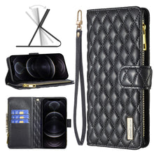 Load image into Gallery viewer, Diamond Lattice Zipper Wallet Leather Flip Phone Case, For iPhone 12 mini, For iPhone 12 / 12 Pro, For iPhone 12 Pro Max, For iPhone 11, For iPhone 11 Pro, For iPhone X / XS, For iPhone XR, For iPhone XS Max