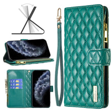 Load image into Gallery viewer, Diamond Lattice Zipper Wallet Leather Flip Phone Case, For iPhone 12 mini, For iPhone 12 / 12 Pro, For iPhone 12 Pro Max, For iPhone 11, For iPhone 11 Pro, For iPhone X / XS, For iPhone XR, For iPhone XS Max