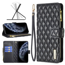 Load image into Gallery viewer, Diamond Lattice Zipper Wallet Leather Flip Phone Case, For iPhone 12 mini, For iPhone 12 / 12 Pro, For iPhone 12 Pro Max, For iPhone 11, For iPhone 11 Pro, For iPhone X / XS, For iPhone XR, For iPhone XS Max