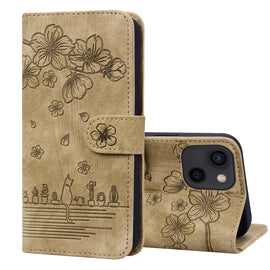 Cartoon Sakura Cat Embossed Leather Case, For iPhone 13 mini, For iPhone 13, For iPhone 13 Pro, For iPhone 13 Pro Max, For iPhone 12 mini, For iPhone 12 / 12 Pro, For iPhone 12 Pro Max, For iPhone 11, For iPhone X / XS
