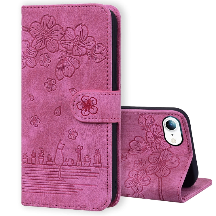 Cartoon Sakura Cat Embossed Leather Case, For iPhone XR, For iPhone XS Max, For iPhone SE 2022 / SE 2020 / 7 / 8, For iPhone 7 Plus / 8 Plus