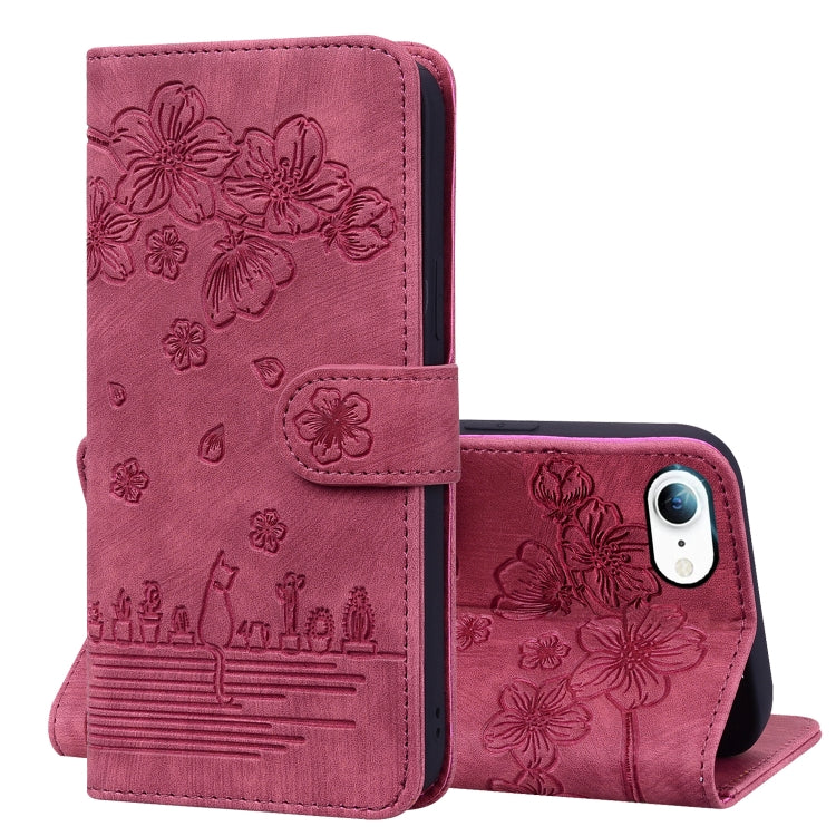Cartoon Sakura Cat Embossed Leather Case, For iPhone XR, For iPhone XS Max, For iPhone SE 2022 / SE 2020 / 7 / 8, For iPhone 7 Plus / 8 Plus