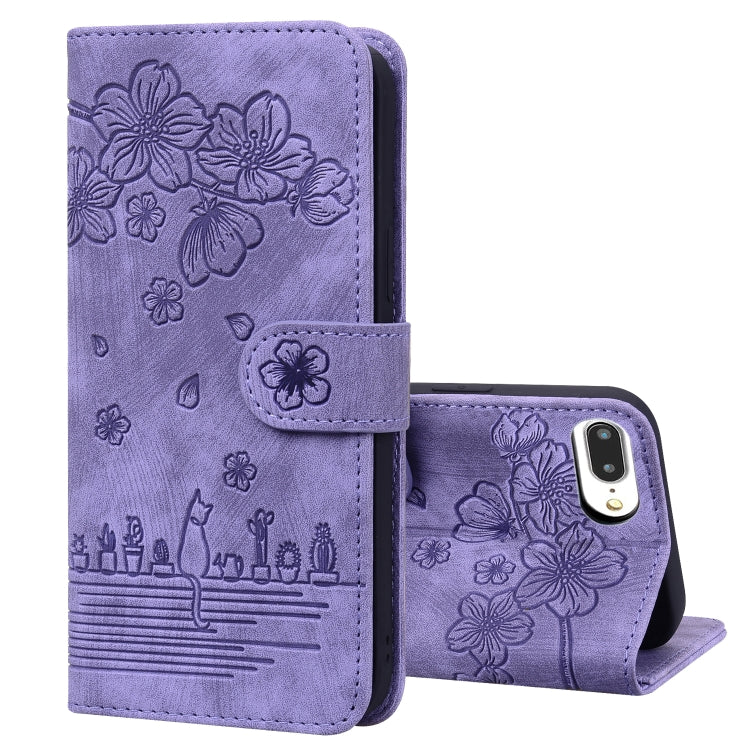 Cartoon Sakura Cat Embossed Leather Case, For iPhone XR, For iPhone XS Max, For iPhone SE 2022 / SE 2020 / 7 / 8, For iPhone 7 Plus / 8 Plus