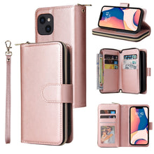 Load image into Gallery viewer, 9 Card Slots Zipper Wallet Bag Leather Phone Case, For iPhone 14, For iPhone 14 Plus, For iPhone 14 Pro, For iPhone 14 Pro Max