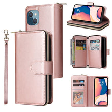 Load image into Gallery viewer, 9 Card Slots Zipper Wallet Bag Leather Phone Case, For iPhone 14, For iPhone 14 Plus, For iPhone 14 Pro, For iPhone 14 Pro Max