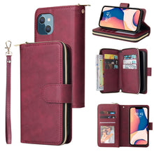 Load image into Gallery viewer, 9 Card Slots Zipper Wallet Bag Leather Phone Case, For iPhone 14, For iPhone 14 Plus, For iPhone 14 Pro, For iPhone 14 Pro Max