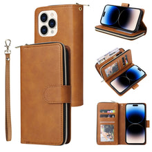 Load image into Gallery viewer, 9 Card Slots Zipper Wallet Bag Leather Phone Case, For iPhone 14, For iPhone 14 Plus, For iPhone 14 Pro, For iPhone 14 Pro Max