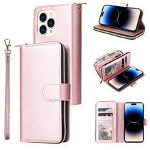 Load image into Gallery viewer, 9 Card Slots Zipper Wallet Bag Leather Phone Case, For iPhone 14, For iPhone 14 Plus, For iPhone 14 Pro, For iPhone 14 Pro Max