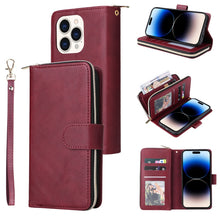 Load image into Gallery viewer, 9 Card Slots Zipper Wallet Bag Leather Phone Case, For iPhone 14, For iPhone 14 Plus, For iPhone 14 Pro, For iPhone 14 Pro Max