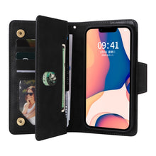 Load image into Gallery viewer, Rivet Buckle 9 Cards Three Fold Leather Phone Case, For iPhone 14, For iPhone 14 Plus, For iPhone 14 Pro, For iPhone 14 Pro Max