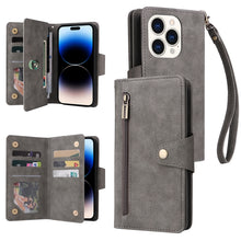 Load image into Gallery viewer, Rivet Buckle 9 Cards Three Fold Leather Phone Case, For iPhone 14, For iPhone 14 Plus, For iPhone 14 Pro, For iPhone 14 Pro Max