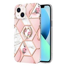 Load image into Gallery viewer, Electroplating Splicing Marble Flower Pattern TPU Shockproof Case with Rhinestone Ring Holder, For iPhone 14, For iPhone 14 Plus, For iPhone 14 Pro, For iPhone 14 Pro Max