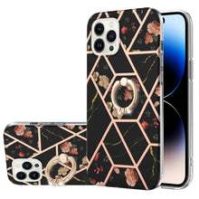 Load image into Gallery viewer, Electroplating Splicing Marble Flower Pattern TPU Shockproof Case with Rhinestone Ring Holder, For iPhone 14, For iPhone 14 Plus, For iPhone 14 Pro, For iPhone 14 Pro Max