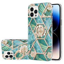 Load image into Gallery viewer, Electroplating Splicing Marble Flower Pattern TPU Shockproof Case with Rhinestone Ring Holder, For iPhone 14, For iPhone 14 Plus, For iPhone 14 Pro, For iPhone 14 Pro Max