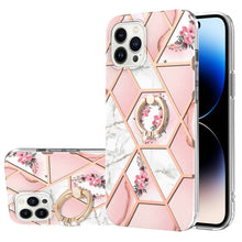 Load image into Gallery viewer, Electroplating Splicing Marble Flower Pattern TPU Shockproof Case with Rhinestone Ring Holder, For iPhone 14, For iPhone 14 Plus, For iPhone 14 Pro, For iPhone 14 Pro Max