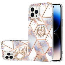 Load image into Gallery viewer, Electroplating Splicing Marble Flower Pattern TPU Shockproof Case with Rhinestone Ring Holder, For iPhone 14, For iPhone 14 Plus, For iPhone 14 Pro, For iPhone 14 Pro Max