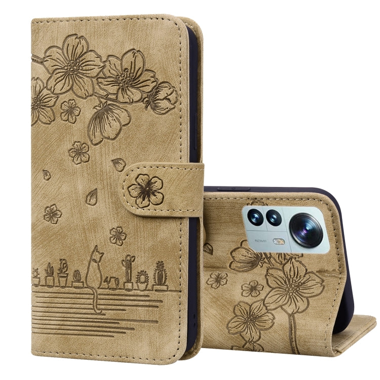 Cartoon Sakura Cat Embossed Leather Phone Case, For Xiaomi 12 / 12S / 12X, For Xiaomi Redmi Note 11 / Note 11S Global