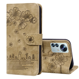 Cartoon Sakura Cat Embossed Leather Phone Case, For Xiaomi 12 / 12S / 12X, For Xiaomi Redmi Note 11 / Note 11S Global