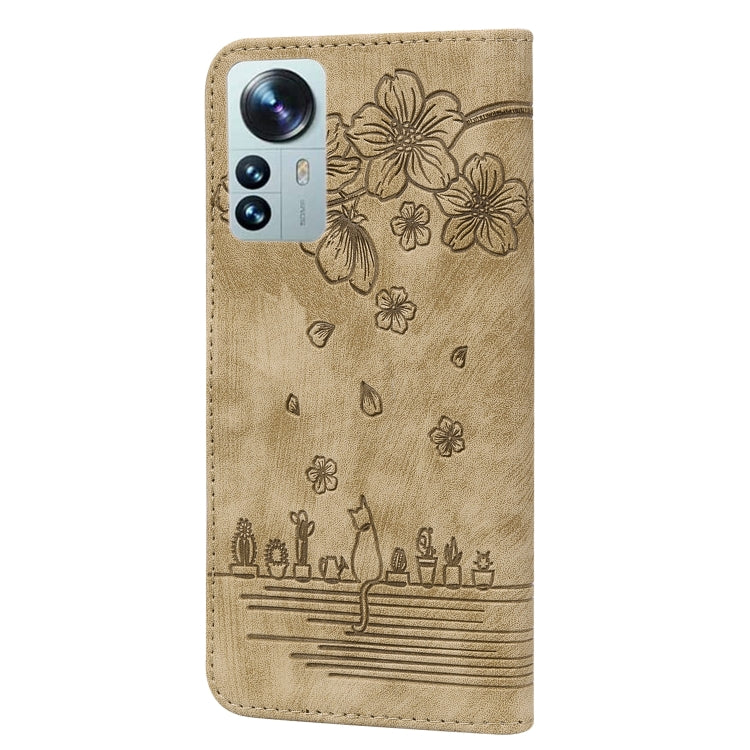 Cartoon Sakura Cat Embossed Leather Phone Case, For Xiaomi 12 / 12S / 12X, For Xiaomi Redmi Note 11 / Note 11S Global