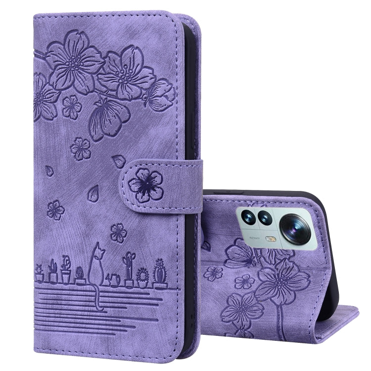Cartoon Sakura Cat Embossed Leather Phone Case, For Xiaomi 12 / 12S / 12X, For Xiaomi Redmi Note 11 / Note 11S Global