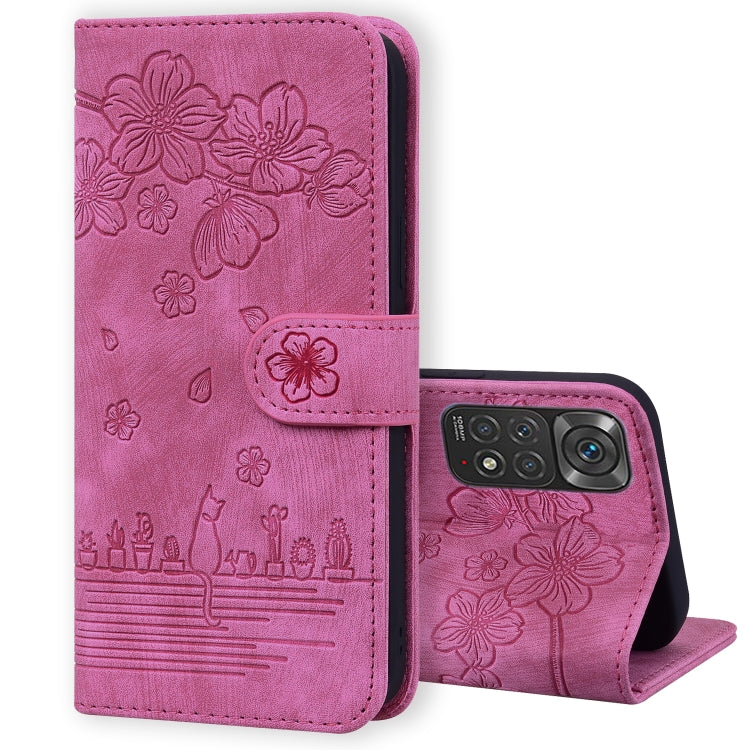 Cartoon Sakura Cat Embossed Leather Phone Case, For Xiaomi 12 / 12S / 12X, For Xiaomi Redmi Note 11 / Note 11S Global