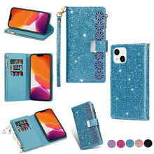 Load image into Gallery viewer, Multi-card Slots Laser Carving Glitter Zipper Leather Case, For iPhone 14, For iPhone 14 Max, For iPhone 14 Pro, For iPhone 14 Pro Max, For Samsung Galaxy Z Fold 4