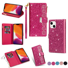 Load image into Gallery viewer, Multi-card Slots Laser Carving Glitter Zipper Leather Case, For iPhone 14, For iPhone 14 Max, For iPhone 14 Pro, For iPhone 14 Pro Max, For Samsung Galaxy Z Fold 4