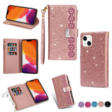 Load image into Gallery viewer, Multi-card Slots Laser Carving Glitter Zipper Leather Case, For iPhone 14, For iPhone 14 Max, For iPhone 14 Pro, For iPhone 14 Pro Max, For Samsung Galaxy Z Fold 4