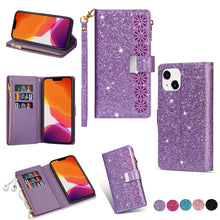 Load image into Gallery viewer, Multi-card Slots Laser Carving Glitter Zipper Leather Case, For iPhone 14, For iPhone 14 Max, For iPhone 14 Pro, For iPhone 14 Pro Max, For Samsung Galaxy Z Fold 4