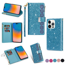 Load image into Gallery viewer, Multi-card Slots Laser Carving Glitter Zipper Leather Case, For iPhone 14, For iPhone 14 Max, For iPhone 14 Pro, For iPhone 14 Pro Max, For Samsung Galaxy Z Fold 4