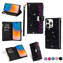 Load image into Gallery viewer, Multi-card Slots Laser Carving Glitter Zipper Leather Case, For iPhone 14, For iPhone 14 Max, For iPhone 14 Pro, For iPhone 14 Pro Max, For Samsung Galaxy Z Fold 4