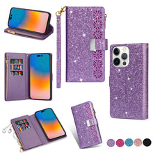 Load image into Gallery viewer, Multi-card Slots Laser Carving Glitter Zipper Leather Case, For iPhone 14, For iPhone 14 Max, For iPhone 14 Pro, For iPhone 14 Pro Max, For Samsung Galaxy Z Fold 4