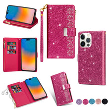 Load image into Gallery viewer, Multi-card Slots Laser Carving Glitter Zipper Leather Case, For iPhone 14, For iPhone 14 Max, For iPhone 14 Pro, For iPhone 14 Pro Max, For Samsung Galaxy Z Fold 4