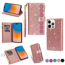 Load image into Gallery viewer, Multi-card Slots Laser Carving Glitter Zipper Leather Case, For iPhone 14, For iPhone 14 Max, For iPhone 14 Pro, For iPhone 14 Pro Max, For Samsung Galaxy Z Fold 4