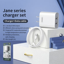 Load image into Gallery viewer, REMAX RP-U35 Jane Series 2.1A Dual USB Port Fast Charger Set, 8 Pin, Micro USB, USB-C/Type-C
