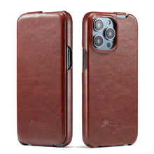 Load image into Gallery viewer, Fierre Shann Oil Wax Texture Vertical Flip PU Phone Case, For iPhone 14, For iPhone 14 Plus, For iPhone 14 Pro, For iPhone 14 Pro Max