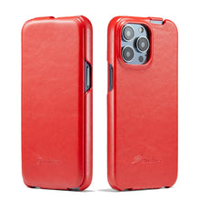 Load image into Gallery viewer, Fierre Shann Oil Wax Texture Vertical Flip PU Phone Case, For iPhone 14, For iPhone 14 Plus, For iPhone 14 Pro, For iPhone 14 Pro Max