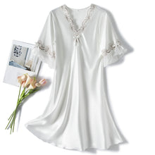 Load image into Gallery viewer, Scalloped Edge V-Neck Mid Sleeve Loose Women Nightdress, S, M, L, XL