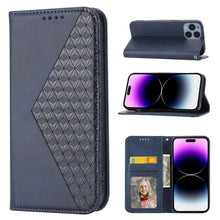 Load image into Gallery viewer, Cubic Grid Calf Texture Magnetic Closure Leather Phone Case, For iPhone 14, For iPhone 14 Plus, For iPhone 14 Pro, For iPhone 14 Pro Max, For iPhone 13 mini, For iPhone 13, For iPhone 13 Pro, For iPhone 13 Pro Max