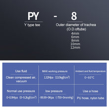 Load image into Gallery viewer, PY-14 LAIZE 2pcs Plastic Y-type Tee Reducing Pneumatic Quick Fitting Connector, PY-4 (10pcs), PY-6 (10pcs), PY-8 (10pcs), PY-10 (10pcs), PY-12 (10pcs), PY-14 (2pcs), PY-16 (2pcs)
