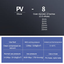 Load image into Gallery viewer, LAIZE 10pcs Plastic Elbow Pneumatic Quick Fitting Connector, PV-4, PV-6, PV-8, PV-10, PV-12, PV-14, PV-16