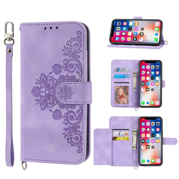 Skin-feel Flowers Embossed Wallet Leather Phone Case, For iPhone 11, For iPhone XS Max, For iPhone XS / X, For iPhone XR, For iPhone SE 2022 / SE 2020 / 8 / 7, For iPhone 8 Plus / 7 Plus