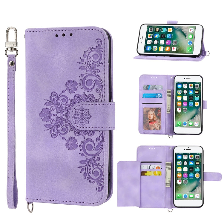 Skin-feel Flowers Embossed Wallet Leather Phone Case, For iPhone 11, For iPhone XS Max, For iPhone XS / X, For iPhone XR, For iPhone SE 2022 / SE 2020 / 8 / 7, For iPhone 8 Plus / 7 Plus