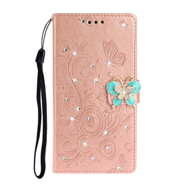Horizontal Rhinestone Butterfly Embossed Leather Case with Card Slot & Wallet & Holder