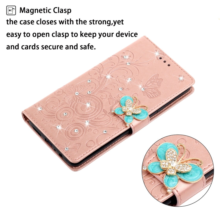 Horizontal Rhinestone Butterfly Embossed Leather Case with Card Slot & Wallet & Holder